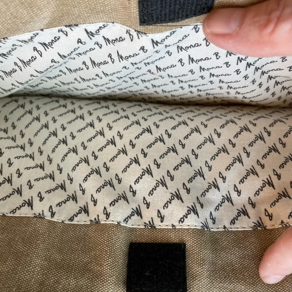Mona B upcycled tan canvas laptop bag.
